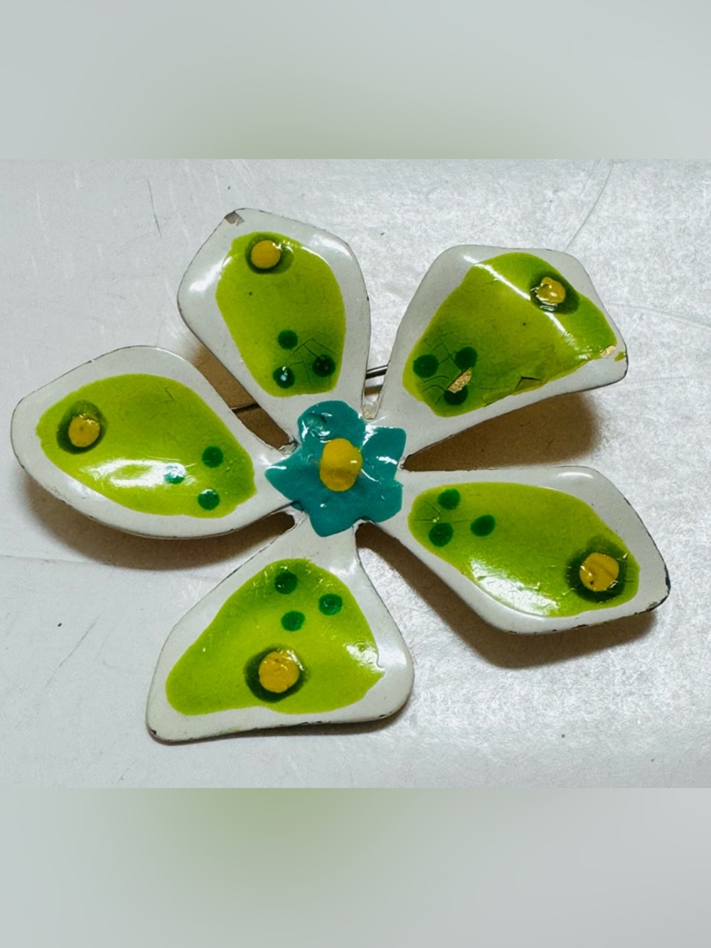 Vintage Enamel Flower Brooch White and Lime Green